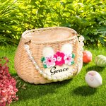 Personalized Handcrafted Bunny Rattan Basket with Name and Pearl Handle Easter Eggs Candy Hunting for Kids