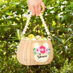 Personalized Handcrafted Bunny Rattan Basket with Name and Pearl Handle Easter Eggs Candy Hunting for Kids