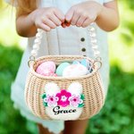 Personalized Handcrafted Bunny Rattan Basket with Name and Pearl Handle Easter Eggs Candy Hunting for Kids