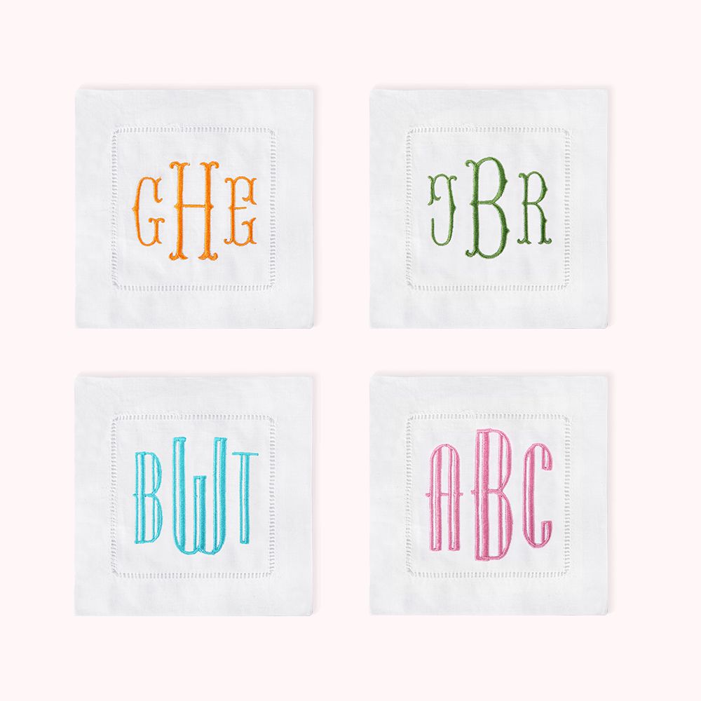 Lot de 4 serviettes à cocktail en lin avec monogramme personnalisé