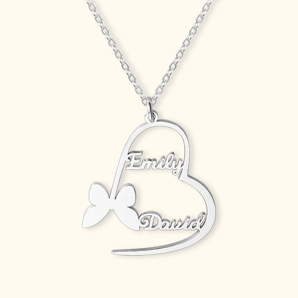 Collier Couple Personnalisé avec Noms Couple Collier en Forme de Cœur et Papillon Cadeau de St-Valentin pour Elle