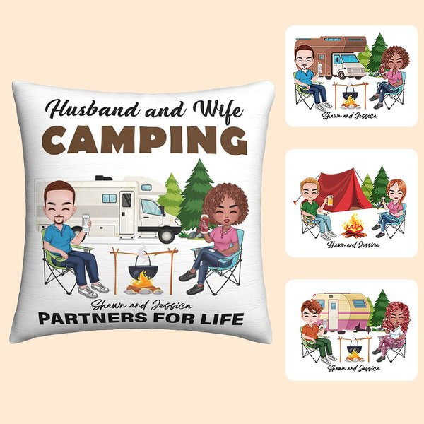 Personalized Husband and Wife Camping Partners for Life Throw Pillow Cover with Name Valentine's Day Gift for Couple