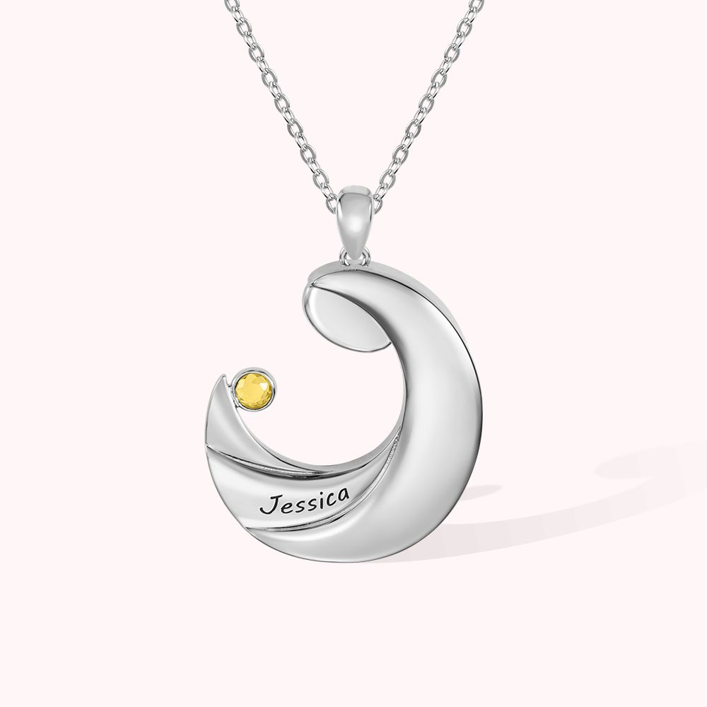 Collier Personnalisé Prénom avec Pierre de Naissance Pendentif en Forme de Lune Cadeau Fête des Mères pour Nouvelle Maman