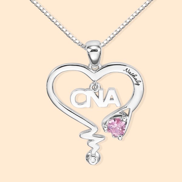 Collier Personnalisé Prénom avec Pierre de Naissance Initiale de Profession Collier Stéthoscope en Cœur Cadeau Journée des Infirmières