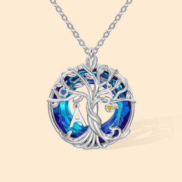 Custom Family Tree of Life with Initials Circle Embellished with Crystal Necklace for Women