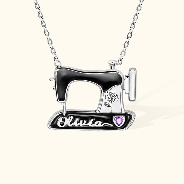 Personalised Birthstone and Birth Flower Sewing Machine Necklace Gift for Mother