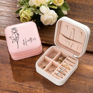 Personalizado de cuero de nacimiento de la flor de viaje joyero con el nombre de la caja portátil de joyería para las mujeres niñas