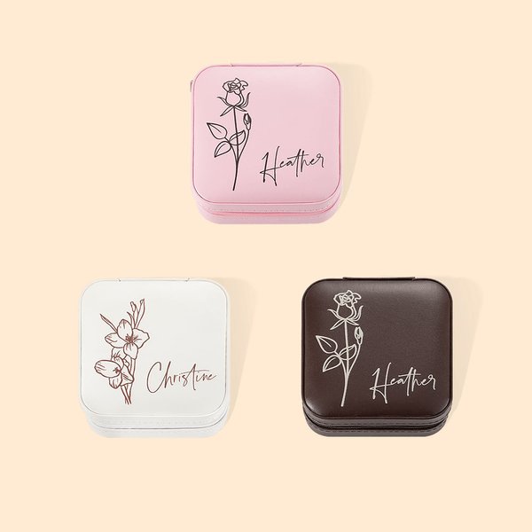 Boîte à Bijoux de Voyage avec Nom et Fleur de Naissance Personnalisés pour les Femmes Cadeau de Saint-Valentin