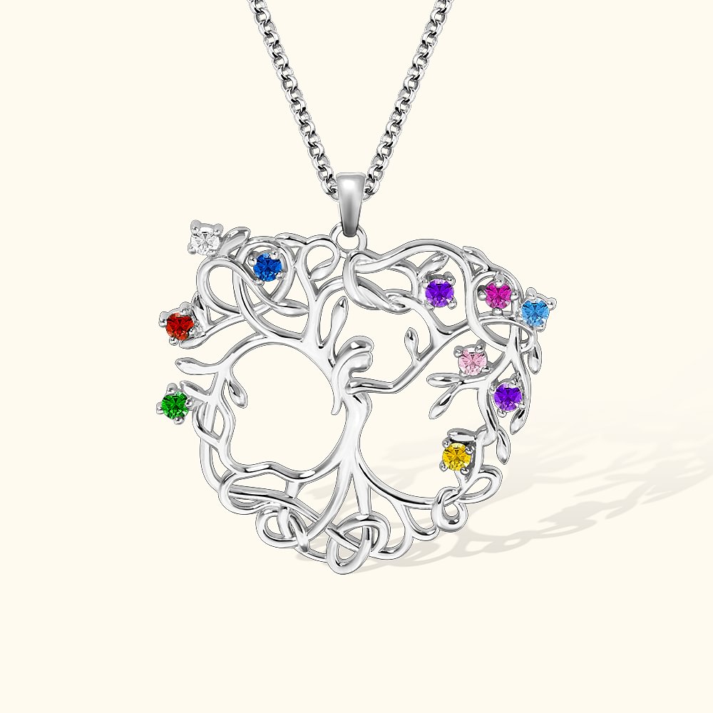 Collier Arbre de Vie Personnalisé avec 1-10 Pierres de Naissance Cadeau Fête des Mères pour Femme Maman Épouse