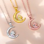 Personalized Fantasy Unicorn Moon Pendant Necklace with Engraved Name Colorful Zircon Jewelry Birthday Gift for Girl Kid Daughter