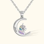 Personalized Fantasy Unicorn Moon Pendant Necklace with Engraved Name Colorful Zircon Jewelry Birthday Gift for Girl Kid Daughter