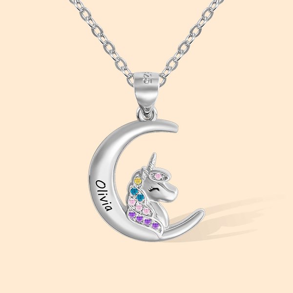 Personalised Fantasy Unicorn Moon Pendant Necklace with Engraved Name Colorful Zircon Jewellery Birthday Gift for Girl Kid Daughter