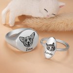 Bague Chevalière Personnalisée avec Portrait de l'Animal Nom Bijou Simple Cadeau Anniversaire pour Amoureux d'Animal de Compagnie