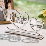 Personalised Wooden Two Hearts Table Decoration Sign with Name and Date for Wedding Anniversary Gift for Couple