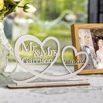 Personalised Wooden Two Hearts Table Decoration Sign with Name and Date for Wedding Anniversary Gift for Couple