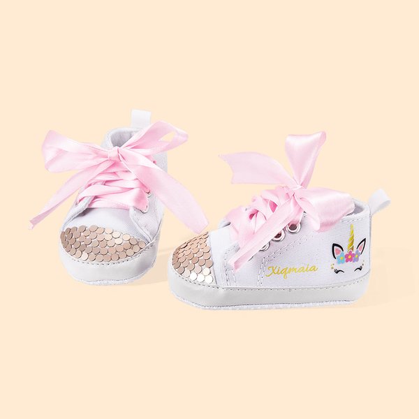Personalizzato Baby Girl fantasia Unicorn Sequin Toddler scarpe da passeggio con nome Baby Shower regalo di compleanno per il neonato