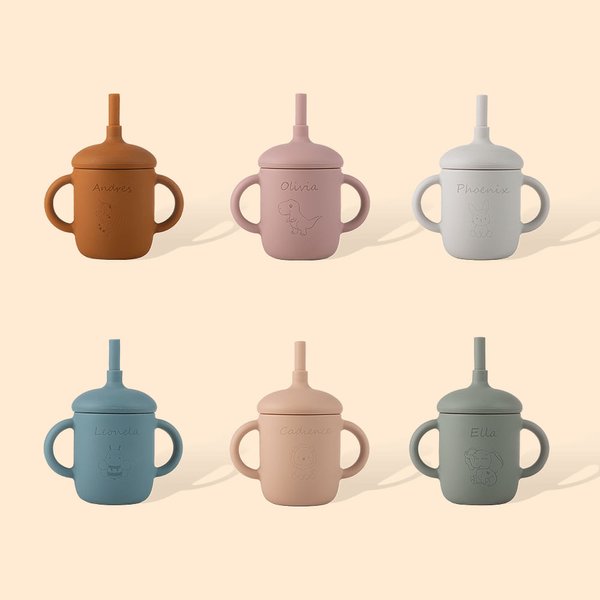Tasse d'apprentissage personnalisée en silicone avec paille pour les tout-petits