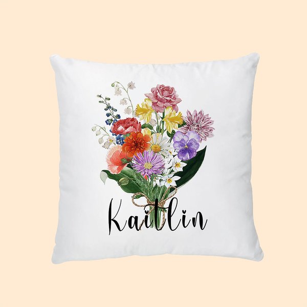 Personalized Watercolor Birth Flower Bouquet Pillow Cover Family Theme Home Decoration Mother's Day Birthday Gift for Mom Grandma
