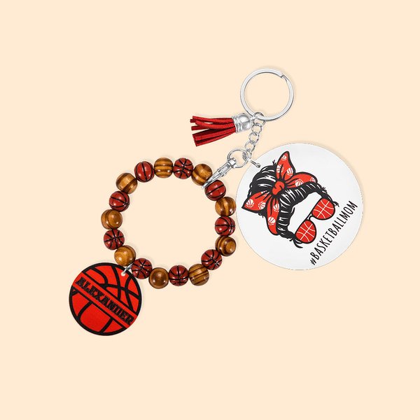 Gepersonaliseerde houten kralen Sport Mom armband sleutelhanger met kwastjes Game Day Gift voor vrouwen
