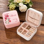 Personalized Birth Flower Leather Jewelry Box Portable Watercolor Floral Travel Jewelry Case with Name and Meaning Birthday Bridesmaid Gift for Her