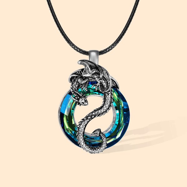 Pendentif d'Argent Personnalisé avec Cristal et Texte Gravé au Dos Collier Dragon Couché sur Anneau Cristal Cadeau pour Femme