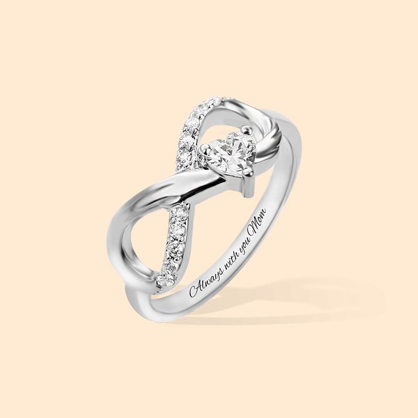 Personalised Angel Wing Infinity Ring with Heart Birthstone and Engraved Text Birthday Anniversary Gift for Her