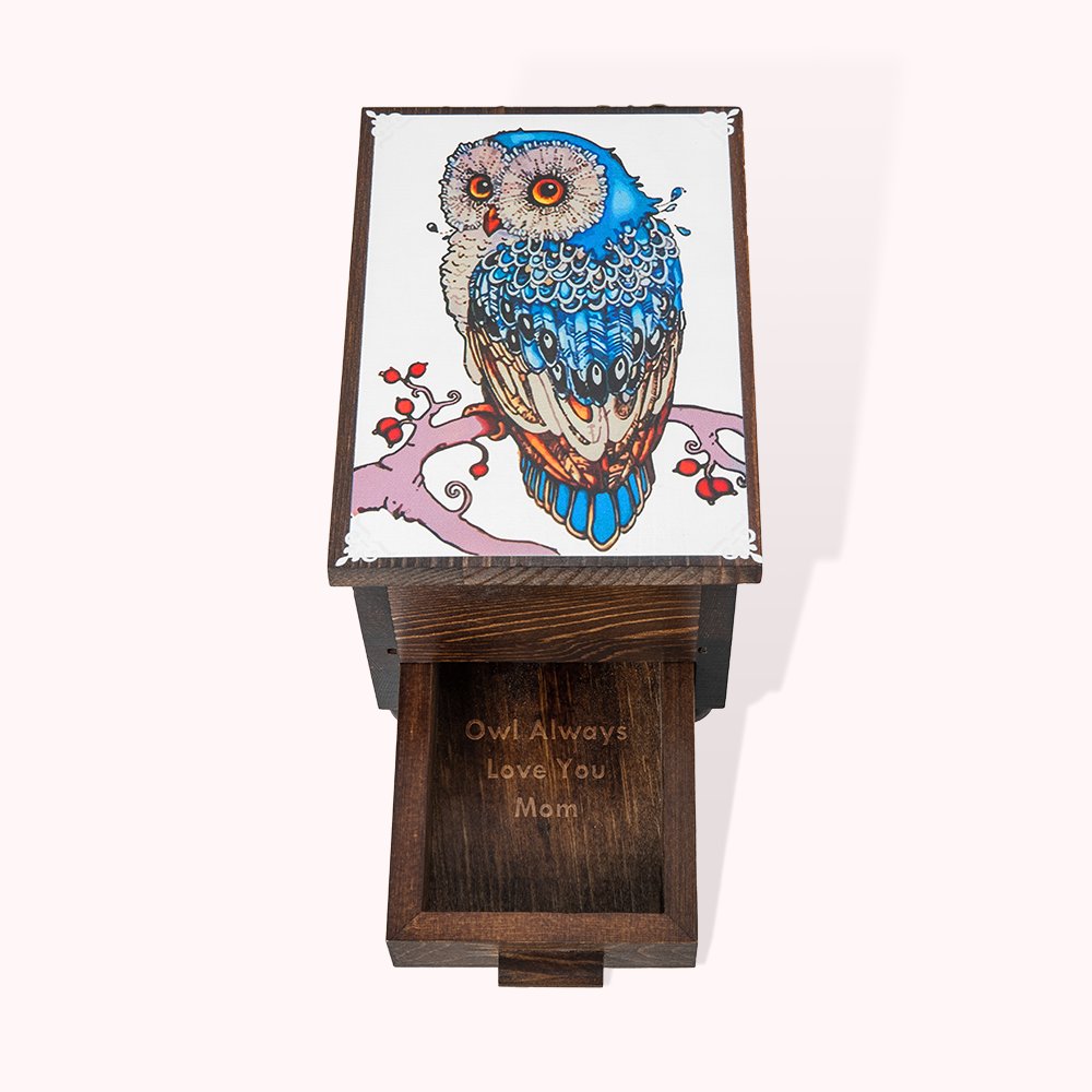Boîte à bijoux vintage en bois personnalisée avec hibou majestueux, miroir et tiroir