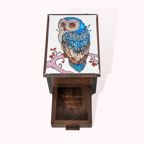 Boîte à bijoux vintage en bois personnalisée avec hibou majestueux, miroir et tiroir