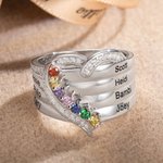 Anillo personalizado de plata de ley con nombre y piedra de nacimiento grabados en forma de corazón para mujer