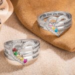 Anillo personalizado de plata de ley con nombre y piedra de nacimiento grabados en forma de corazón para mujer