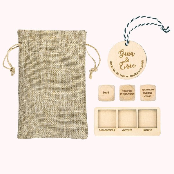 Dés de Rendez-vous en Bois Personnalisés avec Gravures sur Étiquette Ronde et Dés Cadeau Saint-Valentin pour Couple Amis