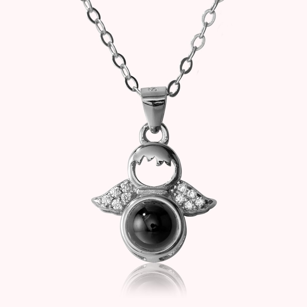 Collier Personnalisable avec Photo Projection avec 100 Langues I Love You Breloque Ailes de Petit Ange