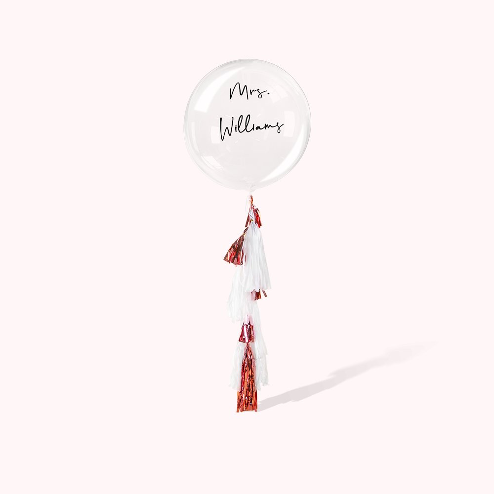 Ballons transparents personnalisés avec décalque de nom et décorations à pompons pour mariage