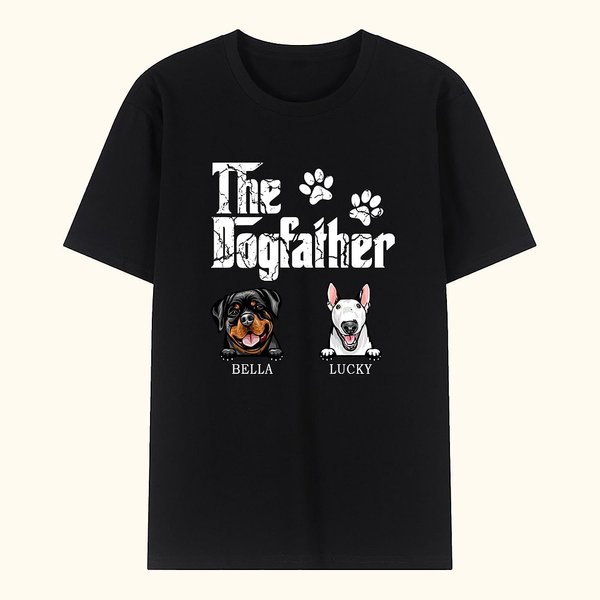 T-shirt Homme en Coton Personnalisé avec 1-6 Motifs Chiens et Noms Style The Dogfather Cadeau Anniversaire Fête des Pères pour Amoureux de Chien