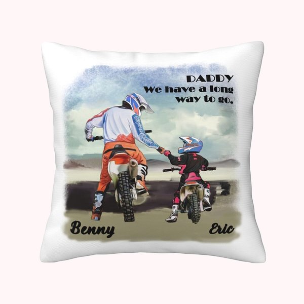 Personalised Motorbike Father and Kid Throw Pillow Cover with Name Text Birthday Father’s Day Gift for Dad Kid