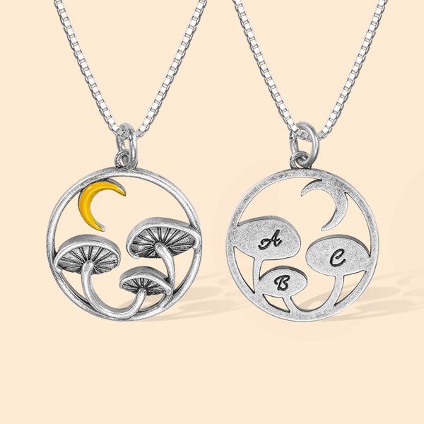 Personalized Crescent Moon Mushroom Necklace with Initials