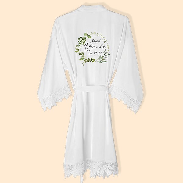 Albornoz de satén personalizado con diseño de corona floral de follaje Regalo de boda para la novia Dama de honor