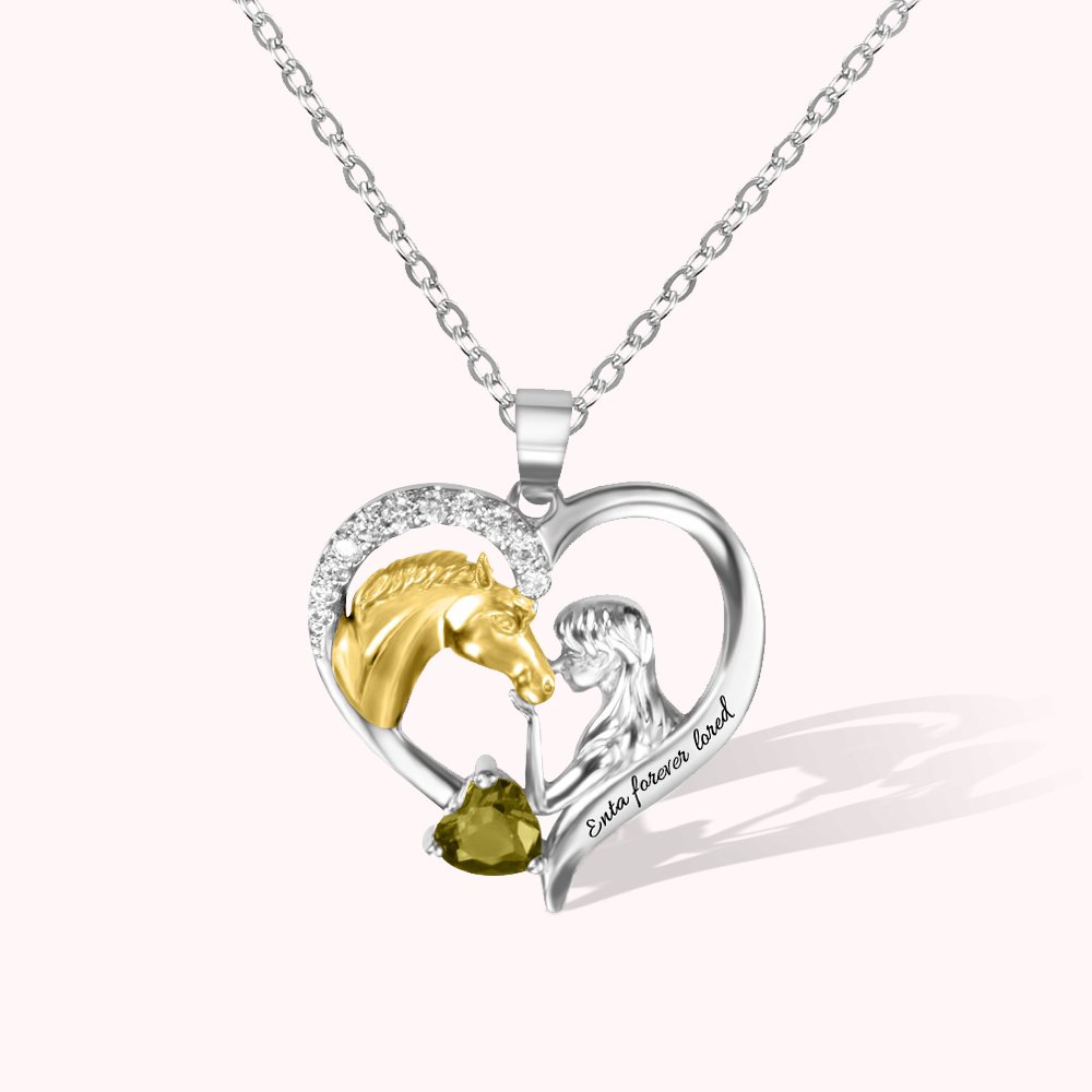 Collier pour Femme Personnalisé avec Texte Gravé et Pierre de Naissance Pendentif en Forme de Cœur à Thème Cheval et Fille Cadeau d'Anniversaire