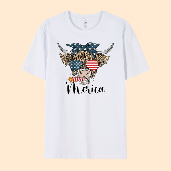 Personalized Independence Day T-shirt with American Flag Highland Cow Funny 4th of July Shirt