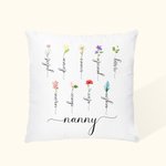 Housse d'Oreiller Personnalisée avec 1-10 Noms et Fleurs de Naissance Cadeau Fête Anniversaire pour Grand-Mère