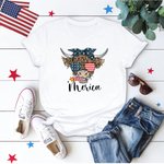 Personalized Independence Day T-shirt with American Flag Highland Cow Funny 4th of July Shirt