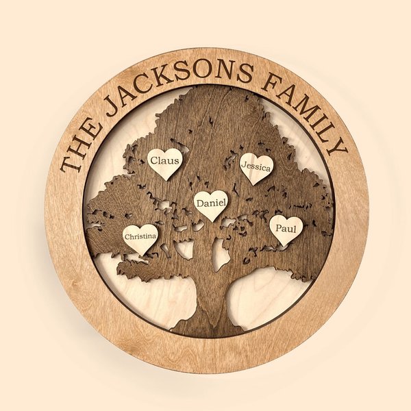 Panneau en bois personnalisé 3D The Family Tree avec 1-9 noms gravés et étiquettes en forme de coeur Cadeau de pendaison de crémaillère de mariage Cad