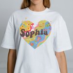 Personalized Colorful Pleasing Heart Rainbow Mushroom Star Flower 100% Cotton T-shirt with Name Birthday Party Gift for Family Friend