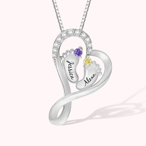Personalisierte Baby Füße Herzkette mit 2 Geburtssteinen und Namen Geschenk für Mutter zum Muttertag