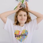 Personalized Colorful Pleasing Heart Rainbow Mushroom Star Flower 100% Cotton T-shirt with Name Birthday Party Gift for Family Friend