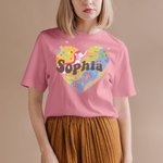 Personalized Colorful Pleasing Heart Rainbow Mushroom Star Flower 100% Cotton T-shirt with Name Birthday Party Gift for Family Friend