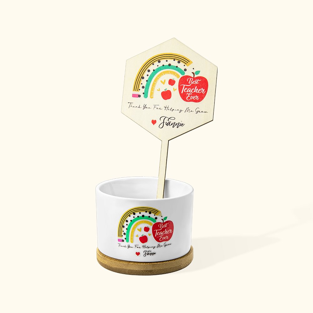 Piquets de plantes et pot de fleurs personnalisés pour un cadeau d'appréciation pour les enseignants.