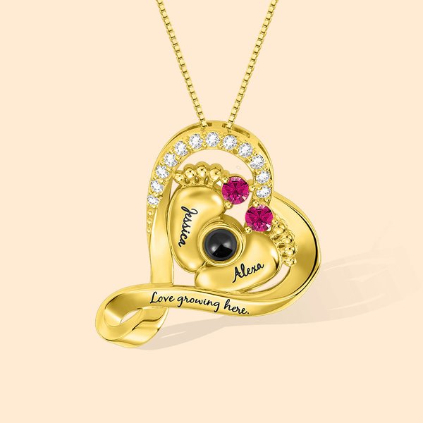 Personalized Photo Projection Baby Feet Heart Necklace with Names