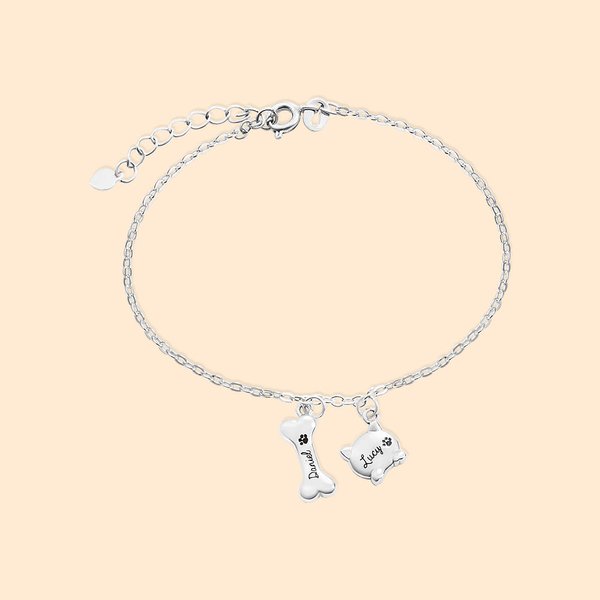 Personalizado Dog Bone y Cat Head Charm Pet Necklace and Bracelet with Paw Print
