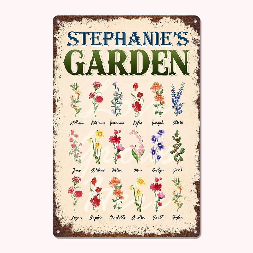 Plaque de Jardin Personnalisée avec 1-18 Noms et Fleurs de Naissance Enseigne en Métal Cadeau Jardinage Fête pour Maman Grand-Mère